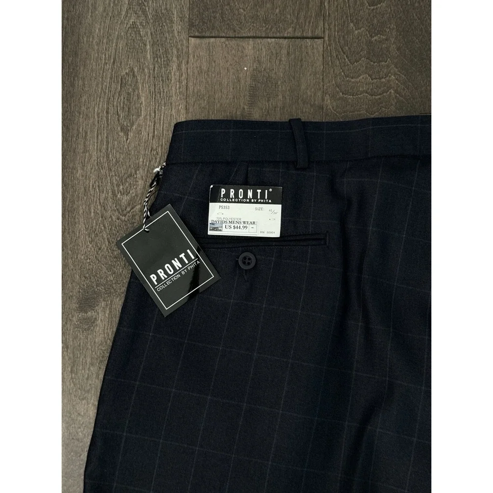 NWT Pronti Phita Mens Navy Blue Windowpane Pleated Dress Pants Size 40X32 Cuffed